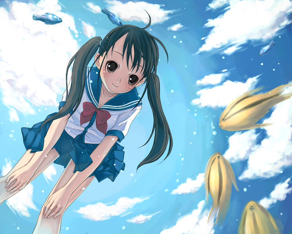 kimidorin, original, 1girl, brown eyes, brown hair, bubble, cloud, day, female focus, fish, school uniform, serafuku, sky, solo, twintails