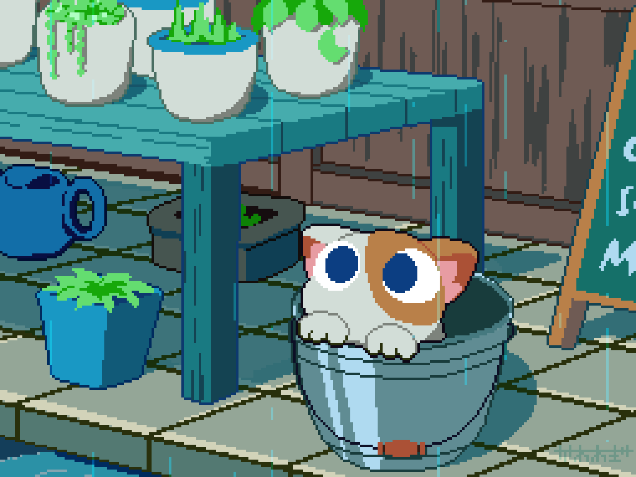 kawawagi, original, animated, animated gif, looping animation, animal, animal focus, artist name, blinking, blue eyes, bucket, cat, in bucket, in container, no humans, pixel art, plant, potted plant, rain, table, water, watering can