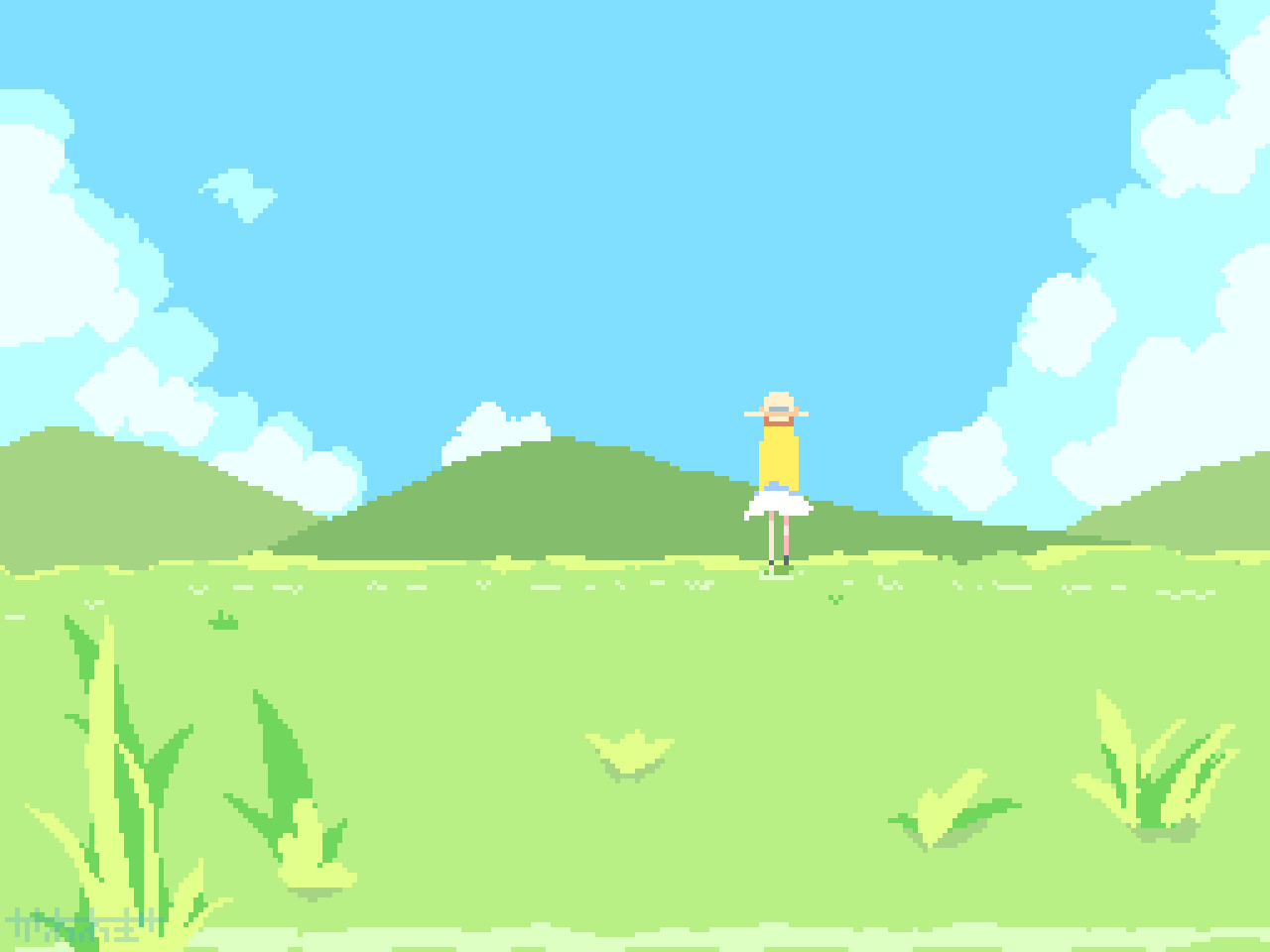 kawawagi, original, animated, animated gif, 1girl, artist name, blonde hair, blue eyes, blue sky, cloud, cloudy sky, cumulonimbus cloud, day, dress, hat, hill, long hair, meadow, outdoors, pixel art, sky, solo, straw hat, sundress, turning around, unworn hat, unworn headwear, white dress, wind