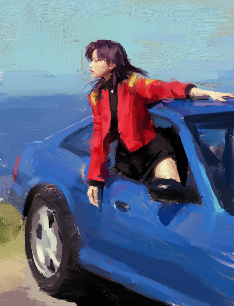 fuyumurasaki, katsuragi misato, neon genesis evangelion, 1girl, black dress, blue car, car, closed mouth, dress, jacket, jewelry, long hair, looking to the side, motor vehicle, necklace, outdoors, red jacket, solo