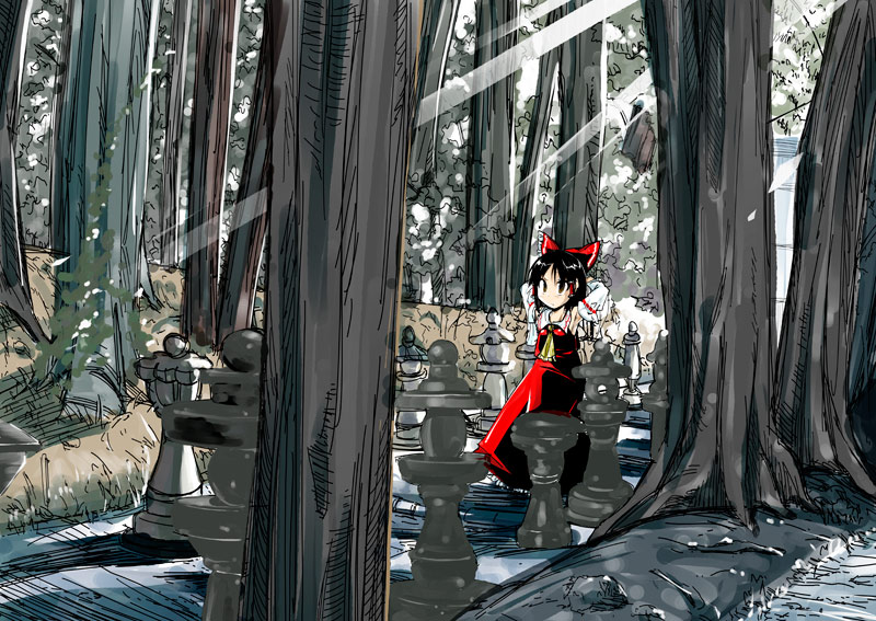 yoshino (kurage no kanzume), hakurei reimu, imperishable night, touhou, 1girl, ascot, black hair, female focus, forest, japanese clothes, miko, nature, outdoors, plant, solo, yellow ascot