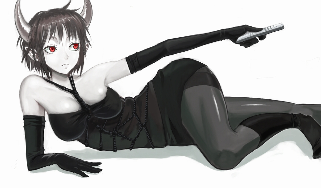 beni-syoga, original, bad id, bad pixiv id, bare shoulders, black hair, controller, elbow gloves, gloves, horns, lying, pale skin, pantyhose, pointy ears, red eyes, remote control, short hair, socks