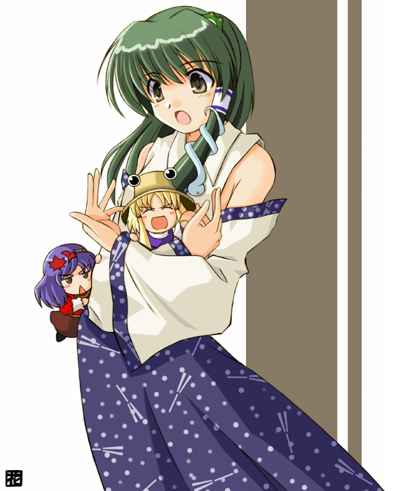 hana (hana mo arashi mo), kochiya sanae, touhou, 3girls, blonde hair, detached sleeves, female focus, green hair, japanese clothes, miko, multiple girls, purple hair, solo, standing, white background