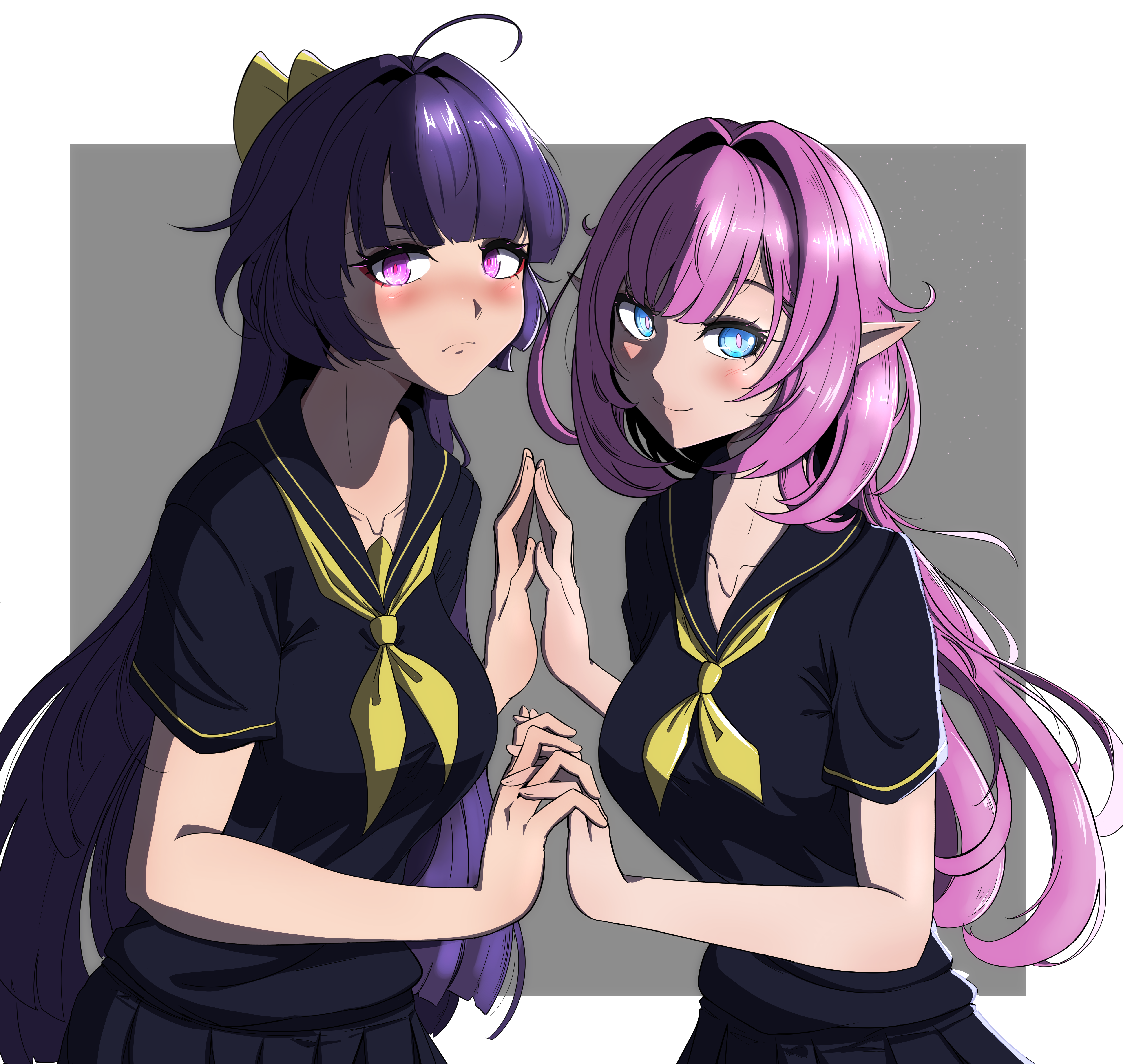 qoqo, elysia (honkai impact), raiden mei, honkai (series), honkai impact 3rd, absurdres, commentary, english commentary, highres, 2girls, ahoge, black serafuku, black skirt, blue eyes, border, breasts, elf, grey background, interlocked fingers, long hair, medium breasts, multiple girls, pink hair, pointy ears, purple eyes, purple hair, school uniform, serafuku, skirt, very long hair, white border, yuri