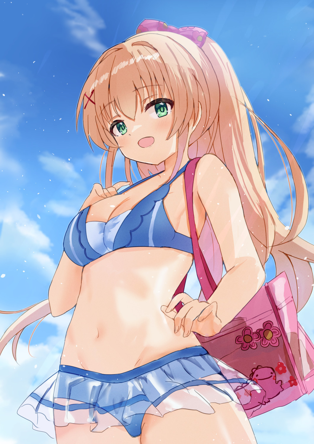 nowa2109, tsumugi wenders, summer pockets, commentary, highres, 1girl, :d, alternate costume, alternate hairstyle, bag, bikini, bikini skirt, blonde hair, blue bikini, blush, bow, breasts, cleavage, cowboy shot, floating hair, green eyes, green pupils, groin, hair bow, hair intakes, hair ornament, hand up, handbag, long hair, looking at viewer, medium breasts, navel, open mouth, pink bag, pink bow, ponytail, sidelocks, smile, solo, stomach, swimsuit, very long hair, x hair ornament