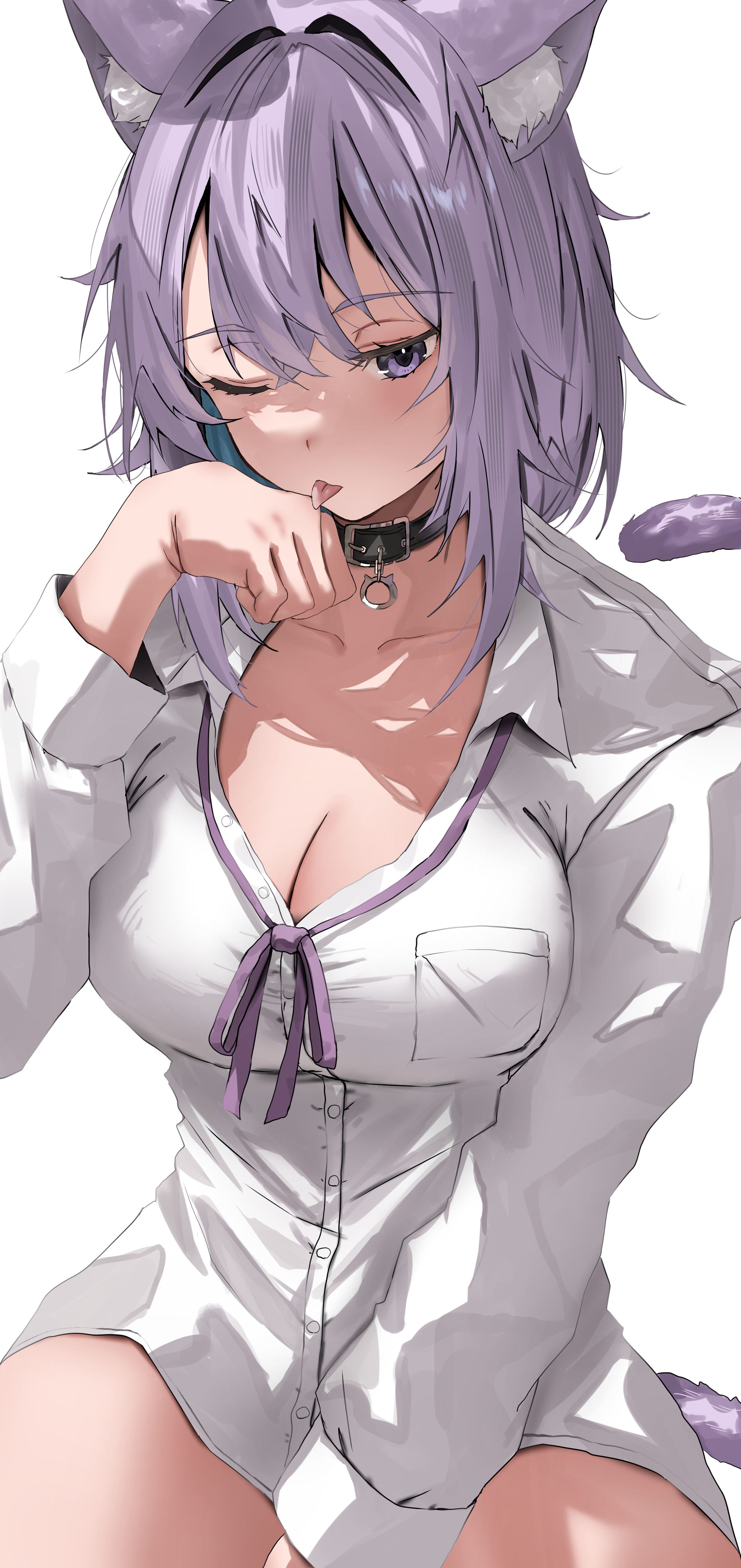 nekoshima kaede, nekomata okayu, hololive, absurdres, highres, 1girl, animal ears, black choker, blush, breasts, cat ears, cat tail, choker, cleavage, large breasts, looking at viewer, one eye closed, purple eyes, purple hair, shirt, simple background, solo, tail, tongue, tongue out, virtual youtuber, white background, white shirt