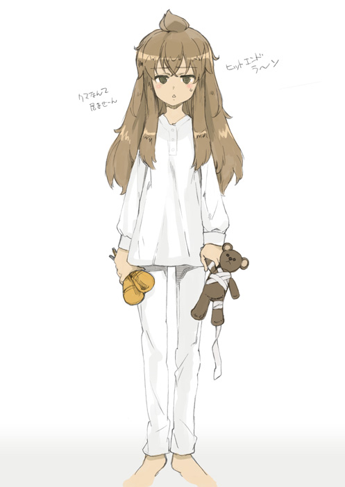 murasawa hiroshi, fujioka-kuma (minami-ke), minami chiaki, minami-ke, translated, 00s, 1girl, ahoge, barefoot, brown eyes, brown hair, female focus, pajamas, solo, stuffed animal, stuffed toy, teddy bear