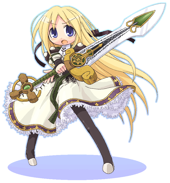 minami juujisei, yggdra yuril artwaltz, yggdra union, commentary request, 1girl, :o, black corset, black pantyhose, black ribbon, blonde hair, blue eyes, corset, dress, fighting stance, gran centurio, holding, holding sword, holding weapon, huge weapon, juliet sleeves, lace, lace-trimmed corset, lace-trimmed dress, lace trim, long hair, long sleeves, pantyhose, puffy sleeves, ribbon, runes, serious, sword, tearing up, v-shaped eyebrows, weapon, white background, white dress