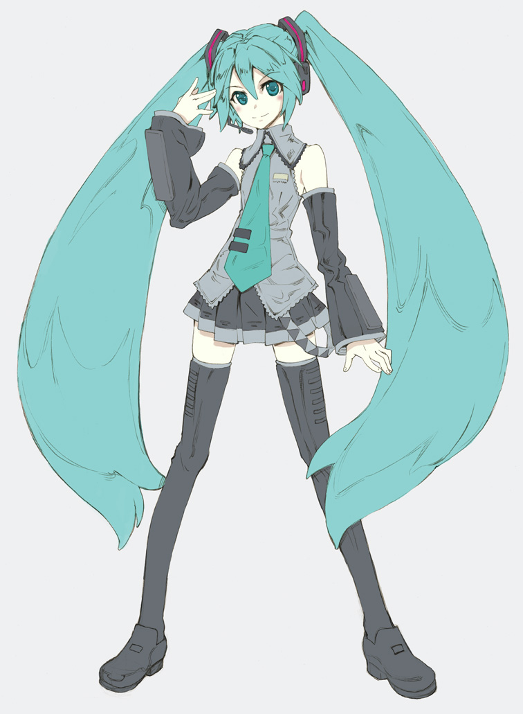 murasawa hiroshi, hatsune miku, vocaloid, 1girl, aqua eyes, aqua hair, detached sleeves, female focus, long hair, looking at viewer, necktie, simple background, skirt, smile, solo, thighhighs, twintails, very long hair, zettai ryouiki