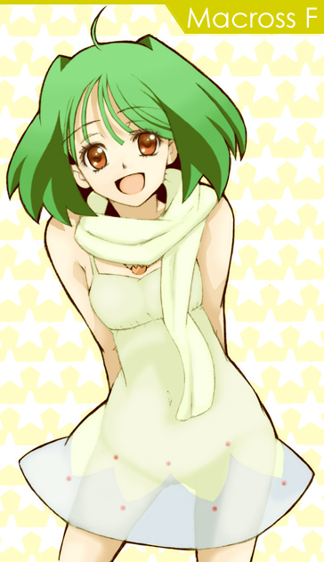 kannagi kaname, ranka lee, macross, macross frontier, eyebrows, 00s, 1girl, ahoge, arms behind back, contrapposto, cowboy shot, dress, female focus, green hair, looking at viewer, polka dot, polka dot background, red eyes, scarf, see-through clothes, shoes, simple background, solo, standing, yellow background, yellow dress, yellow scarf