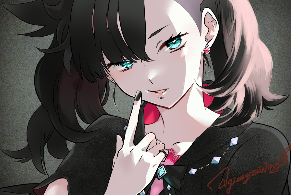 otona kasuke, marnie (champion) (pokemon), marnie (pokemon), nintendo, pokemon, pokemon masters ex, variant set, 1girl, backlighting, black dress, black hair, black nails, collarbone, dress, earrings, finger to cheek, fingersmile, green eyes, grey background, hand up, index finger raised, jewelry, looking at viewer, nail polish, official alternate costume, parted lips, portrait, signature, single earring, solo, twintails, upper body