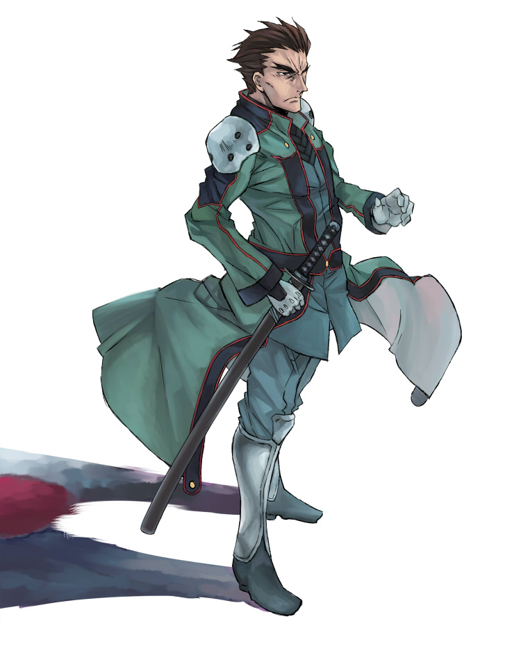 kno1, toudou kyoushirou, code geass, 00s, brown hair, gloves, katana, male focus, shadow, short hair, simple background, solo, standing, sword, weapon