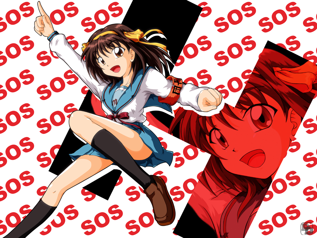 suzumiya haruhi, suzumiya haruhi no yuuutsu, 00s, armband, badge, brown hair, hair ribbon, hairband, pointing, ribbon, school uniform, serafuku, short hair, solo, watermark, zoom layer