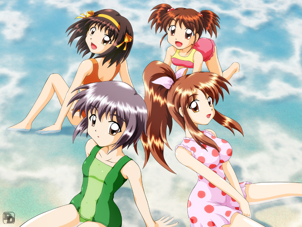 asahina mikuru, kyon no imouto, nagato yuki, suzumiya haruhi, suzumiya haruhi no yuuutsu, silver hair, 00s, beach, brown hair, hairband, one-piece swimsuit, ponytail, short hair, swimsuit, water