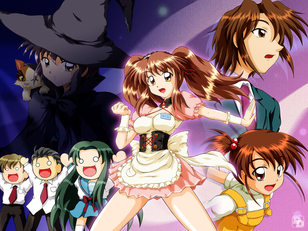 asahina mikuru, koizumi itsuki, kunikida (suzumiya haruhi), kyon no imouto, nagato yuki, shamisen (suzumiya haruhi), taniguchi (suzumiya haruhi), tsuruya, suzumiya haruhi no yuuutsu, 00s, 3boys, 4girls, brown hair, calico (pattern), calico cat, cat, hat, multiple boys, multiple girls, official alternate hairstyle, school uniform, serafuku, side ponytail, twintails, waitress, witch hat, yellow eyes