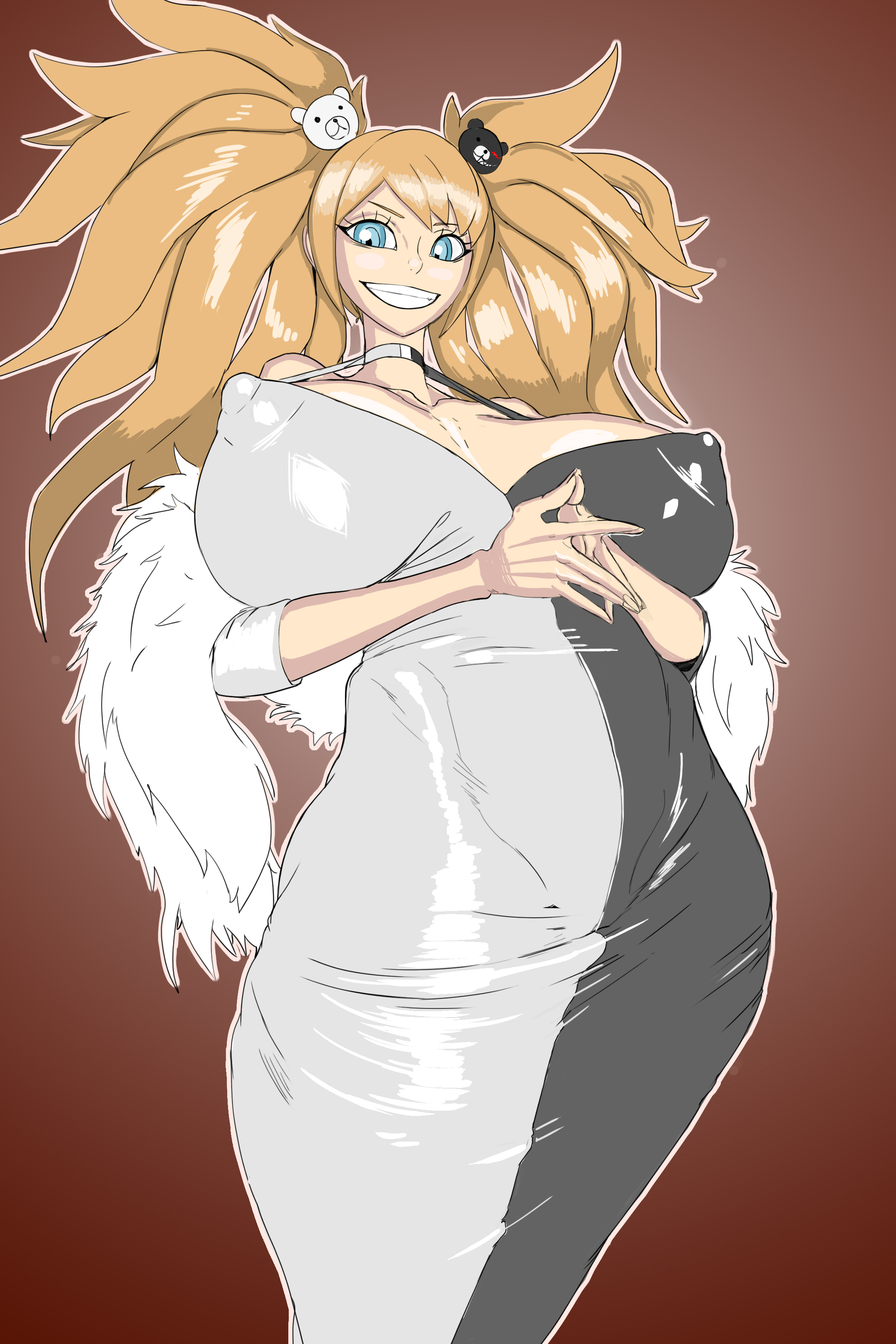 anythinggoes, enoshima junko, danganronpa (series), absurdres, highres, 1girl, bear hair ornament, blonde hair, blue eyes, breasts, choker, covered erect nipples, curvy, dress, female focus, hair ornament, huge breasts, long hair, looking at viewer, simple background, solo, twintails, wide hips
