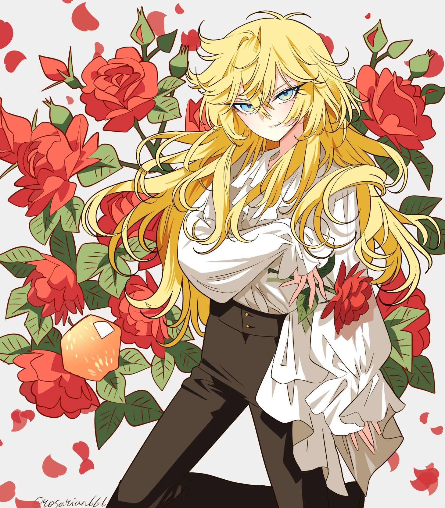 meremero, oscar francois de jarjayes, versailles no bara, highres, 1girl, black pants, blonde hair, blue eyes, eyelashes, flower, hair between eyes, holding, holding flower, long hair, pants, parted lips, red flower, red rose, rose, shirt, shirt tucked in, solo, twitter username, white shirt