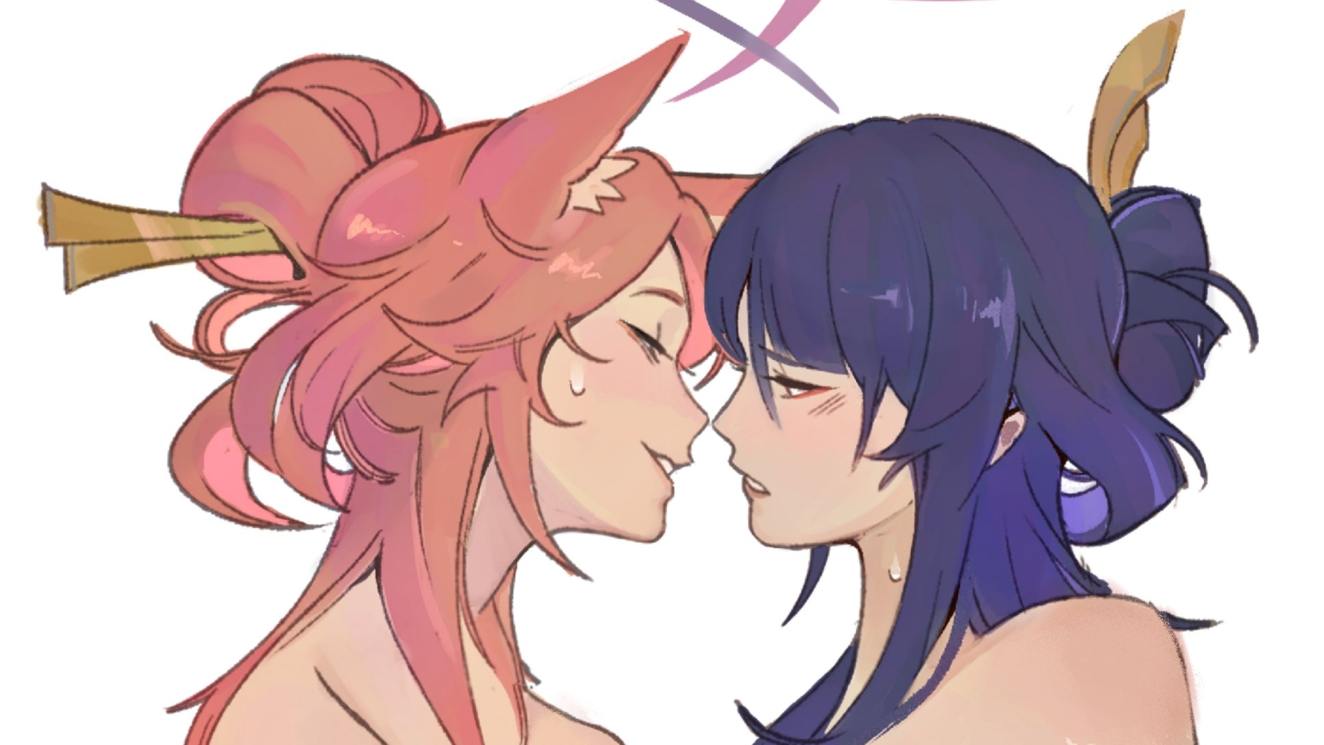 xivahtune, raiden shogun, yae miko, genshin impact, commentary, english commentary, highres, 2girls, animal ears, bare shoulders, blunt bangs, couple, fox ears, fox girl, from side, hair between eyes, hair bun, hair ornament, hair up, hairpin, incoming kiss, leaning forward, light blush, multiple girls, parted lips, pink hair, purple hair, shade, upper body, wet, white background, yuri