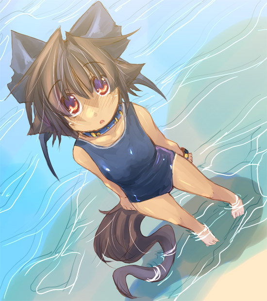 kannagi cocoa, original, 1girl, animal ears, beach, borrowed character, bow, brown hair, cat ears, cat tail, collar, day, female focus, one-piece swimsuit, outdoors, red eyes, sand, school swimsuit, solo, swimsuit, tail, tan, water