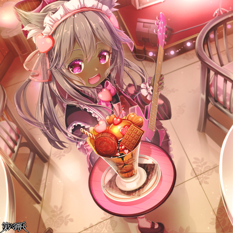 aiuabo, dairoku ryouhei, 1girl, :d, amplifier, animal ears, black dress, black shoes, bow, bowtie, chair, copyright name, dress, food, grey hair, guitar, holding, holding guitar, holding instrument, indoors, instrument, maid headdress, mary janes, open mouth, parfait, pink bow, pink bowtie, pink eyes, shoes, smile, socks, standing, waitress, white socks