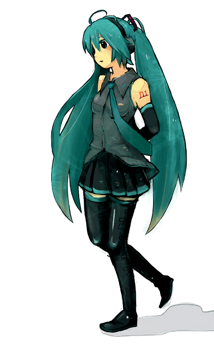 hatsune miku, vocaloid, tagme, blue hair, long hair, necktie, solo, thighhighs