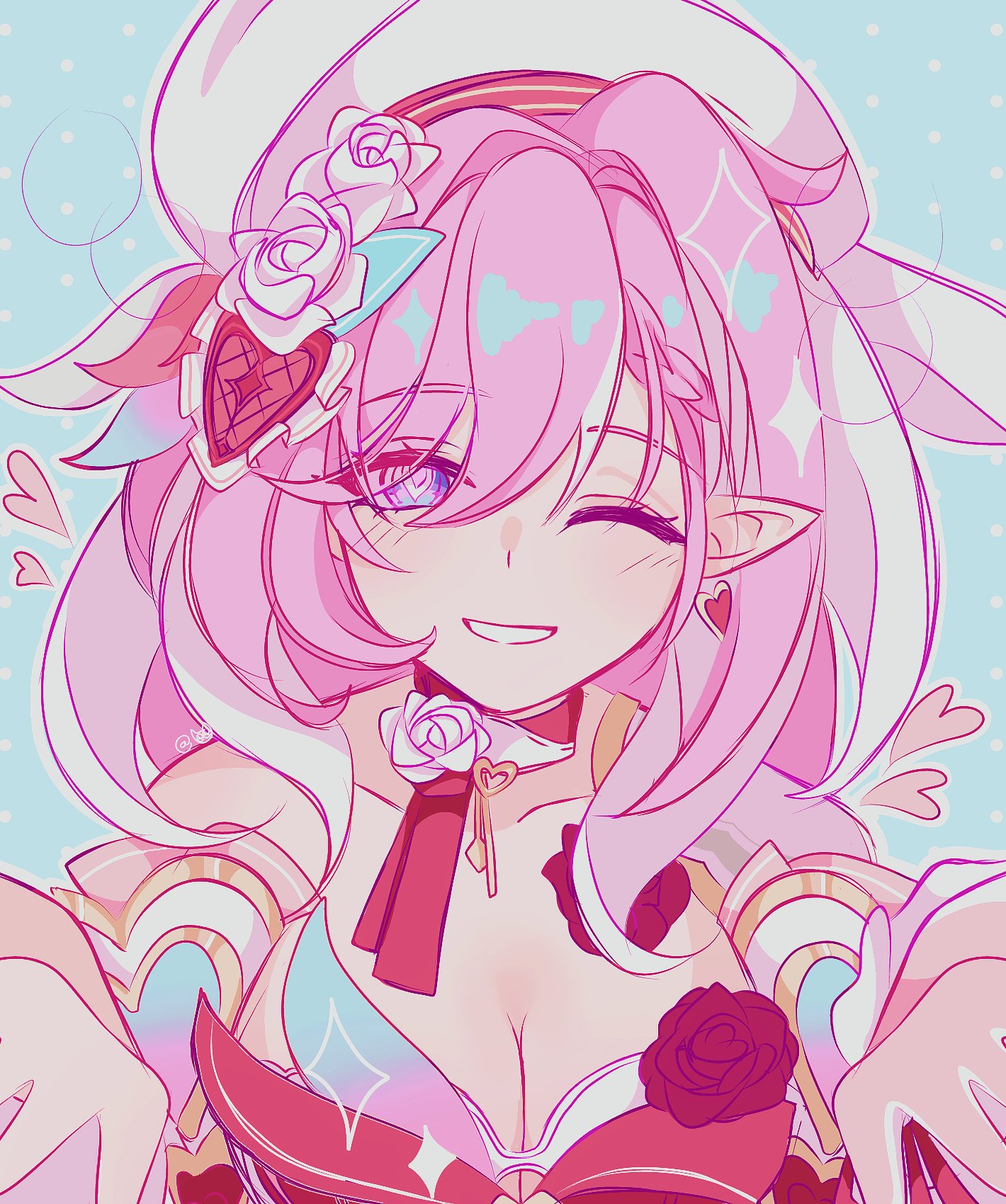 elysia (honkai impact), honkai (series), honkai impact 3rd, commentary, highres, symbol-only commentary, 1girl, ;), beret, blue background, breadmilqq, breasts, cleavage, diamond-shaped pupils, diamond (shape), dress, earrings, elf, elysia (hi elf of love) (honkai impact), hat, heart, heart earrings, jewelry, large breasts, long hair, looking at viewer, multicolored hair, one eye closed, pink hair, pointy ears, pov, purple eyes, red dress, smile, solo, symbol-shaped pupils, two-tone hair, very long hair, white hair, white hat