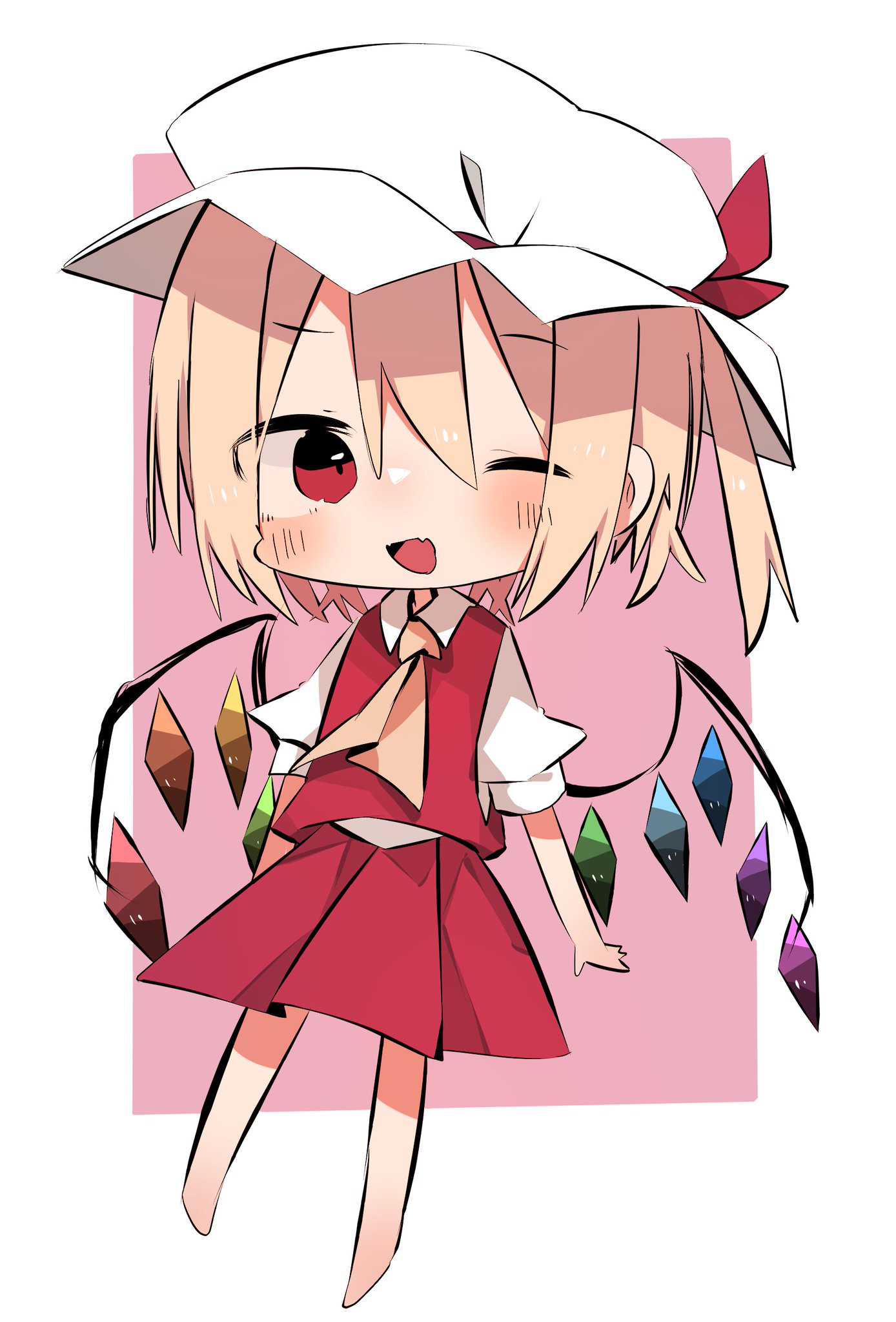 nacht musik, flandre scarlet, touhou, highres, 1girl, ascot, blonde hair, chibi, crystal, crystal wings, deformed, full body, hat, looking at viewer, mob cap, one eye closed, open mouth, red eyes, red skirt, shirt, side ponytail, skirt, solo, wings