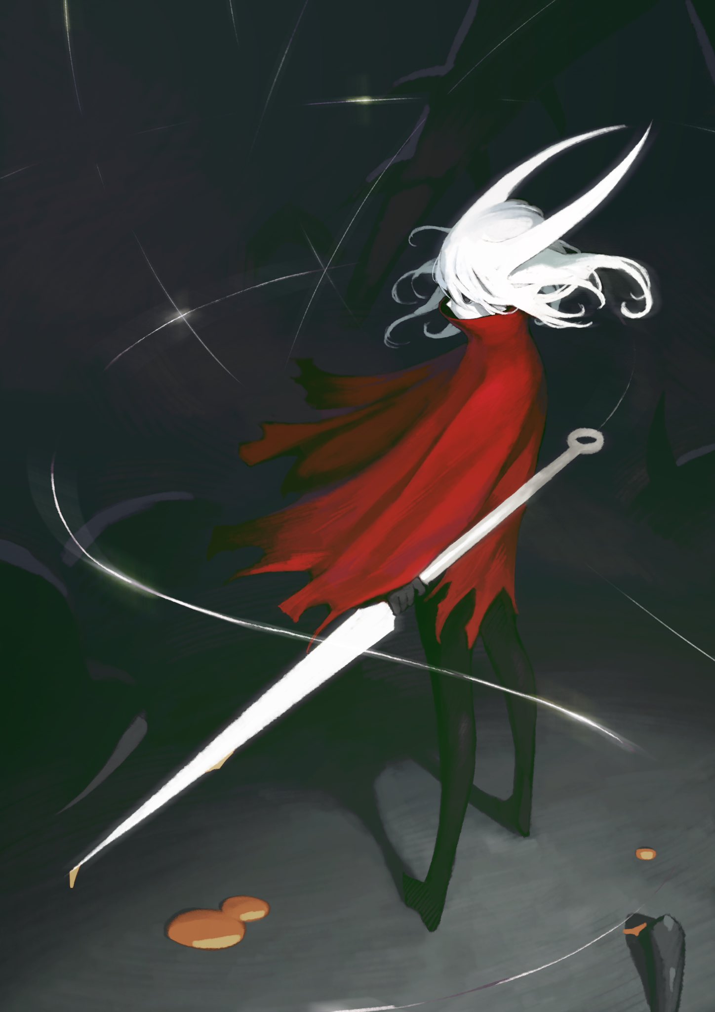 jun (navigavi), hornet (hollow knight), hollow knight, hollow knight: silksong, highres, 1girl, black background, black eyes, black skin, cloak, colored skin, empty eyes, floating hair, full body, hair horns, holding, holding weapon, horns, humanization, medium hair, needle (hollow knight), red cloak, simple background, solo, standing, thread, weapon, white hair