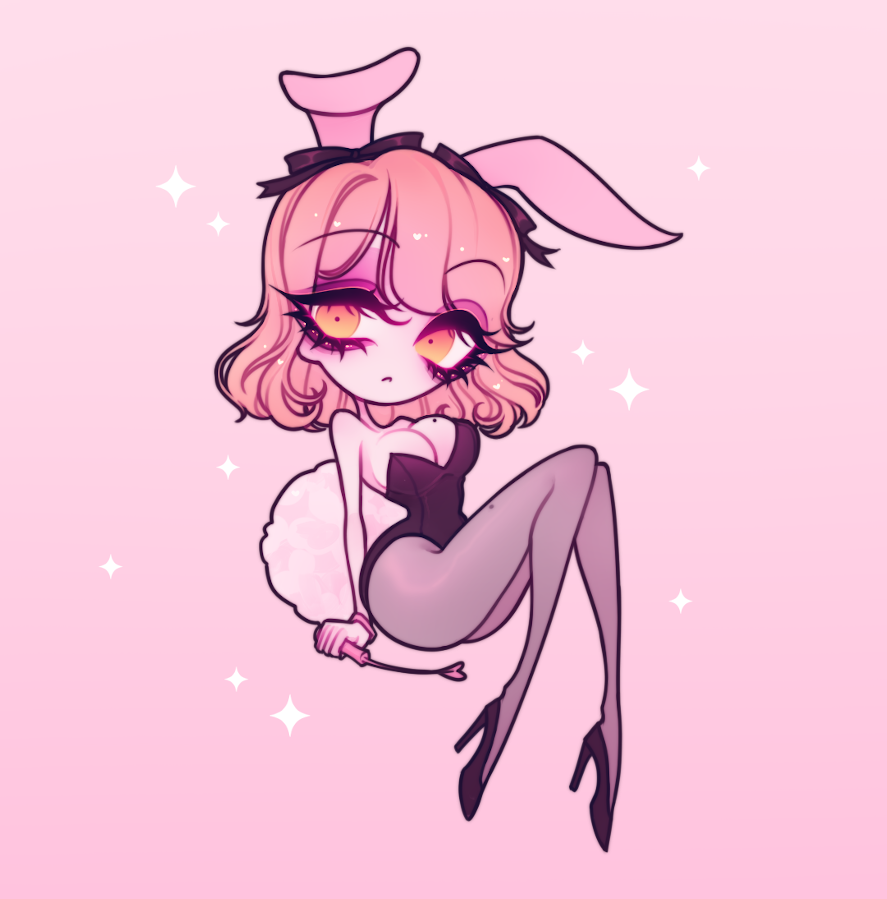 agent-lapin, 1girl, animal ears, bare shoulders, black leotard, black pantyhose, black ribbon, breasts, chibi, chibi only, cleavage, closed mouth, high heels, holding, leotard, mole, mole on breast, mole on leg, pantyhose, pink background, rabbit ears, rabbit tail, ribbon, simple background, sitting, solo, sparkle, strapless, strapless leotard, tail, yellow eyes
