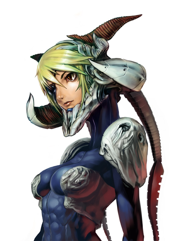 kometani hisanobu, armor, blonde hair, bodysuit, breasts, brown eyes, horns, lips, short hair, solo