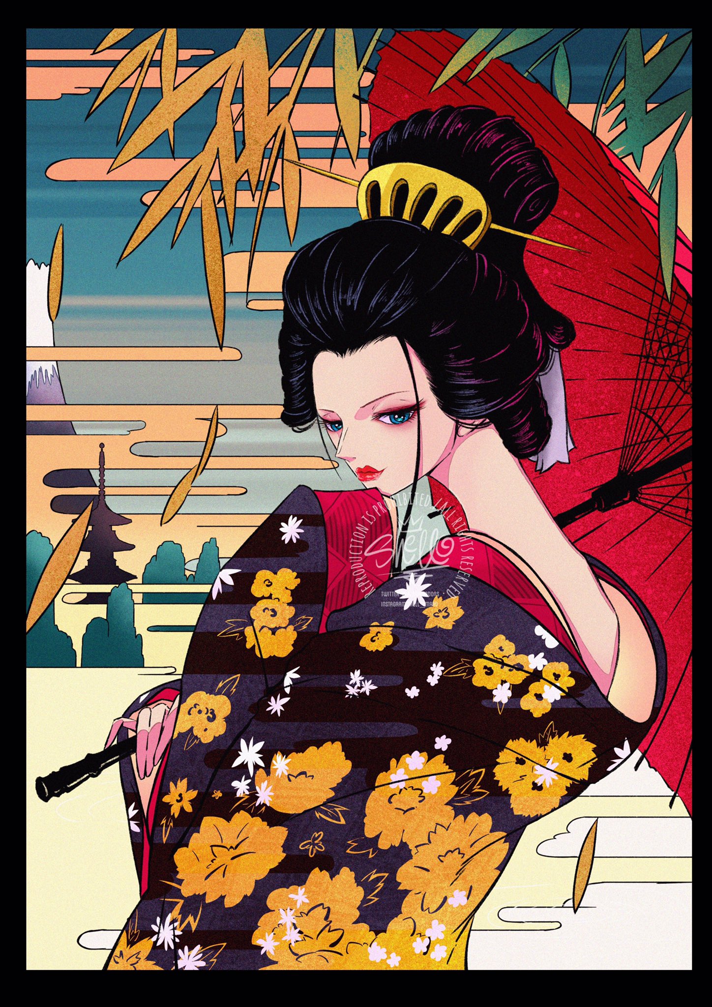 sherumaru (korcht06), nico robin, one piece, highres, 1girl, black hair, blue eyes, closed mouth, eyelashes, eyeshadow, floral print, floral print kimono, geisha, hair ornament, holding, holding umbrella, japanese clothes, kanzashi, kimono, long neck, makeup, mountain, nihongami, print kimono, red eyeshadow, red lips, solo, umbrella, upper body, watermark