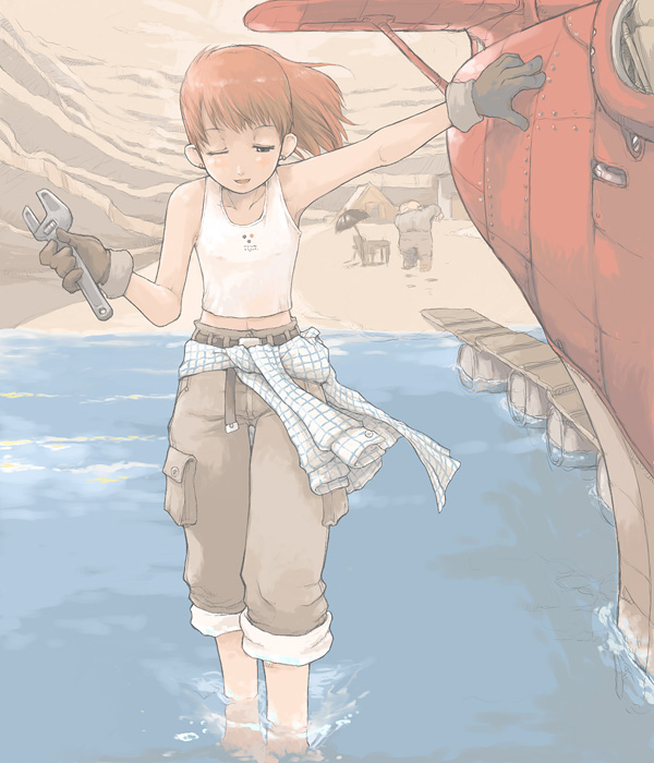 pota (nabrinko), fio piccolo, marco (kurenai no buta), porco rosso (character), kurenai no buta, studio ghibli, plaid, 1990s (style), 1boy, 1girl, aircraft, airplane, belt, engineer, female focus, flying boat, gloves, mechanic, navel, outdoors, pants, red hair, retro artstyle, savoia s.21, solo, tomboy, wading, water, wrench