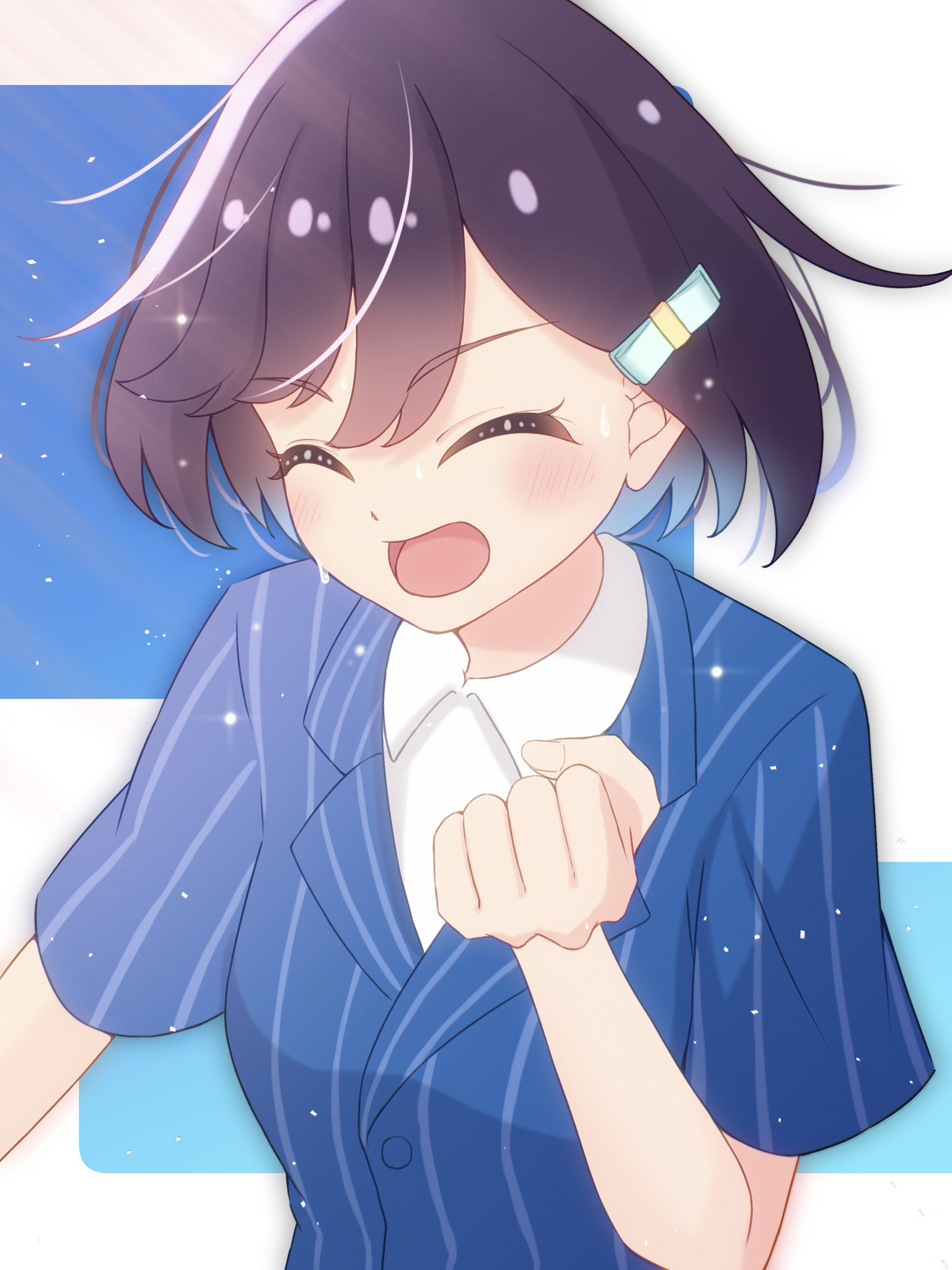 nanase itsuki, azabu mai, ikizulive! love live! bluebird, love live!, commentary request, highres, 1girl, :d, ^ ^, blue background, blue jacket, blush, breasts, clenched hand, closed eyes, collared shirt, dress shirt, hair ornament, hairclip, jacket, light particles, medium breasts, official alternate costume, open mouth, pinstripe jacket, pinstripe pattern, purple hair, shirt, short-sleeved jacket, short hair, short sleeves, smile, solo, upper body, what is my life? (love live!), white shirt