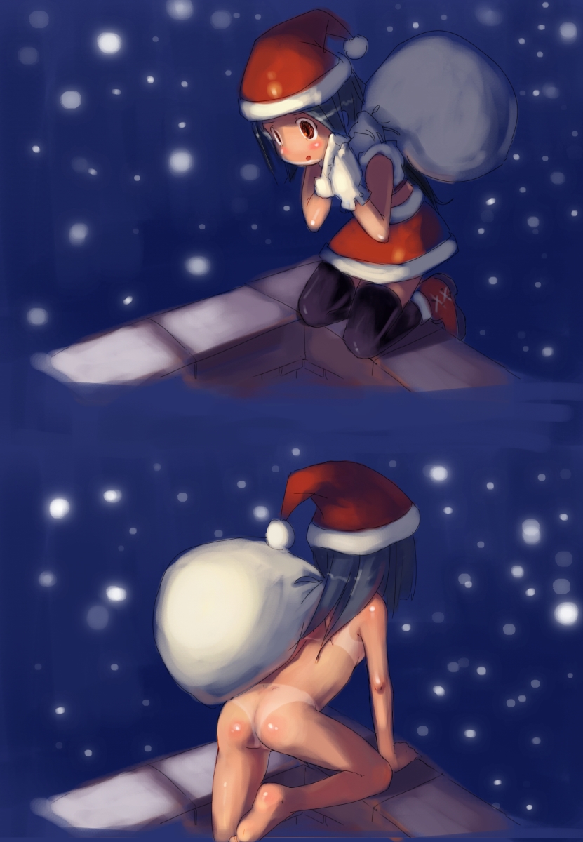 observerz, highres, ass, barefoot, chimney, christmas, feet, hat, loli, nude, santa costume, santa hat, snow, snowing, tan, tanline, thighhighs