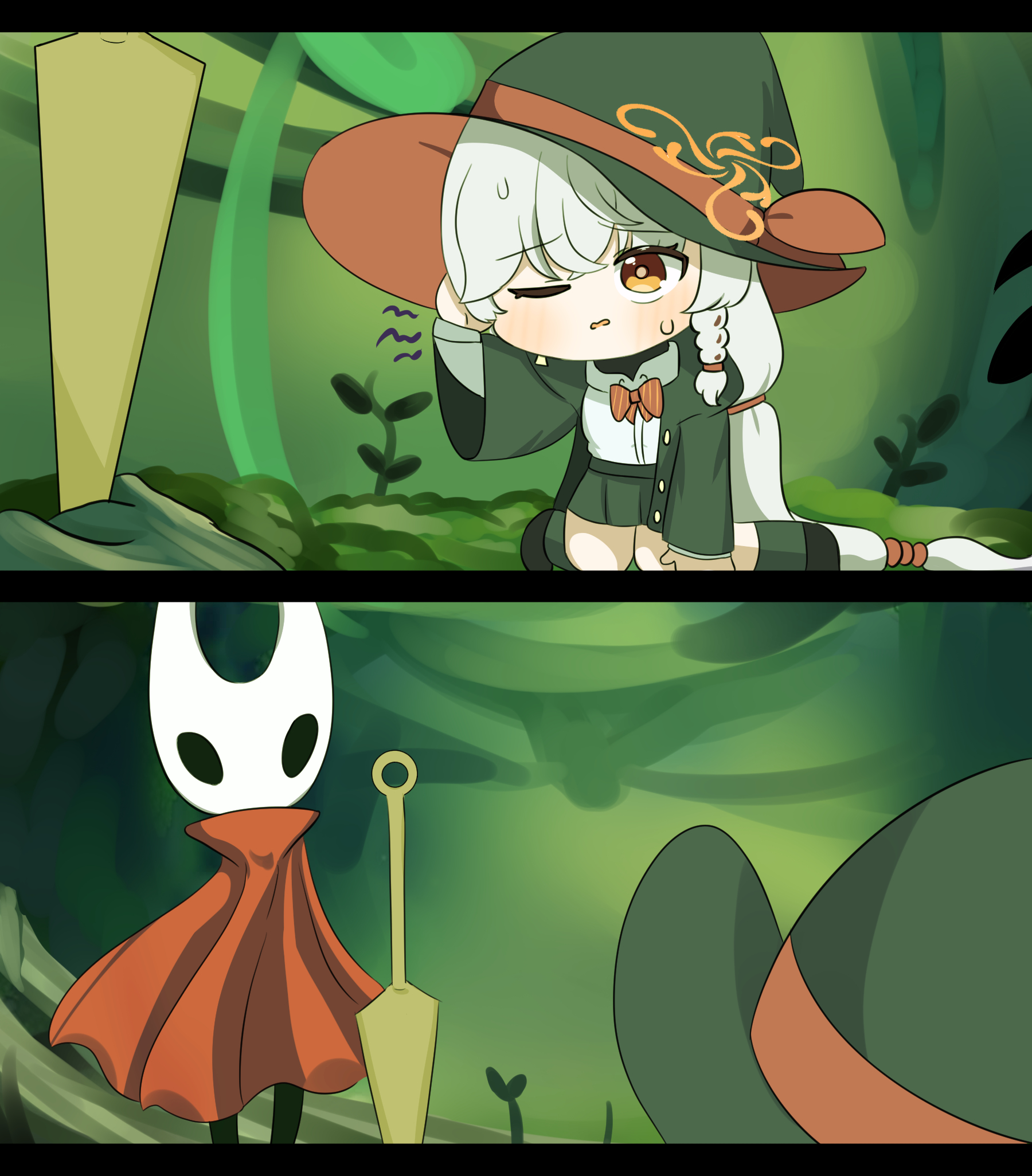 sabnak66, eri (blue archive), hornet (hollow knight), blue archive, hollow knight, hollow knight: silksong, commentary request, highres, korean commentary, 2girls, arthropod girl, black coat, black shirt, black shoes, black skirt, black socks, bow, bowtie, braid, braided sidelock, brown eyes, coat, collared shirt, crossover, earrings, hair between eyes, hair bobbles, hair ornament, halo, hat, hood, hooded coat, jewelry, kneehighs, kneeling, long hair, looking at another, low-tied long hair, low ponytail, multiple girls, needle (hollow knight), open clothes, open coat, orange halo, outdoors, pain, pleated skirt, ponytail, red bow, red bowtie, school uniform, shirt, shoes, sidelocks, single braid, skirt, socks, striped bow, striped bowtie, striped clothes, sweatdrop, turtleneck, turtleneck shirt, white hair, white shirt, witch hat