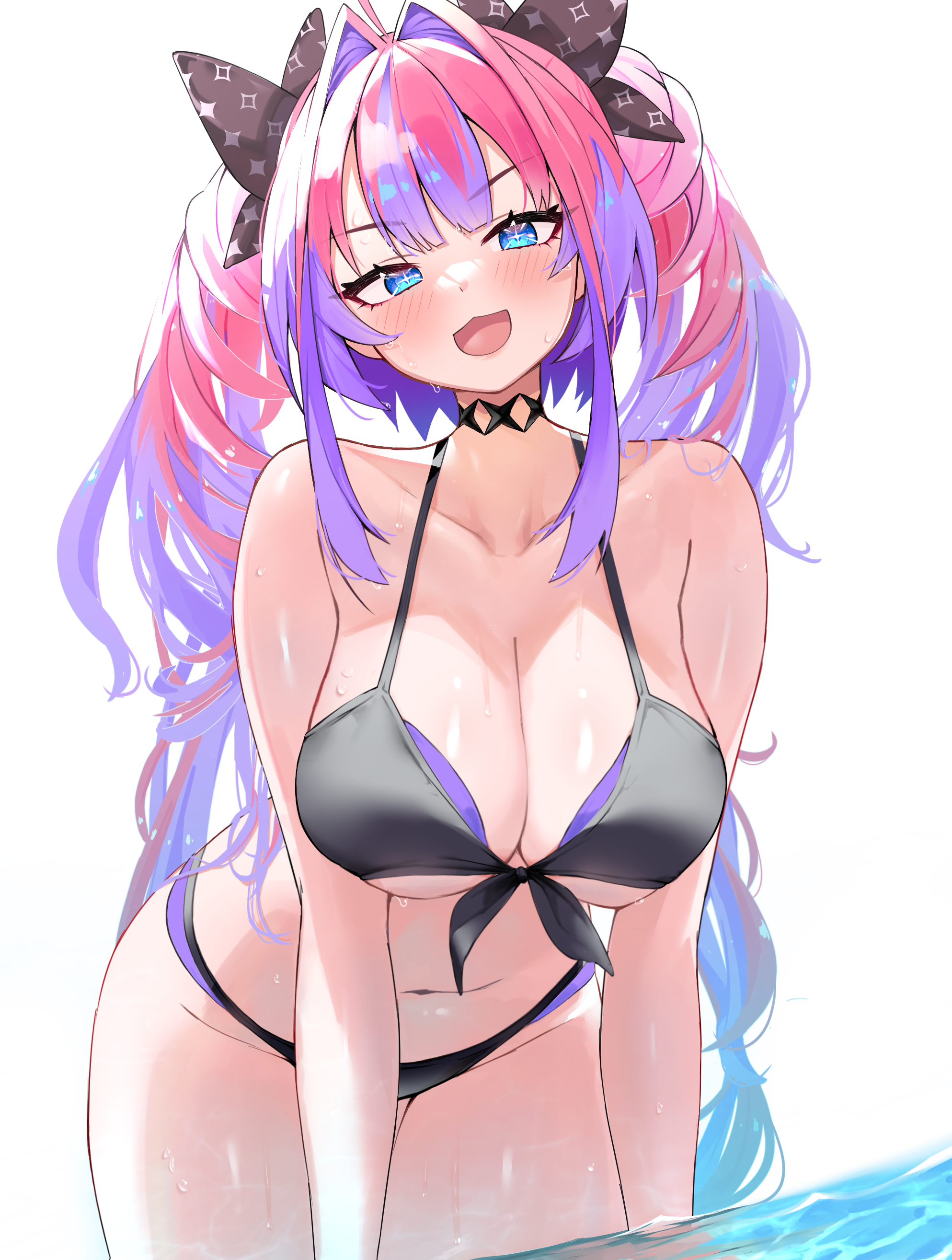 tnolize, kikirara vivi, hololive, hololive dev is, absurdres, highres, 1girl, :d, ahoge, alternate breast size (larger), bikini, black bikini, black choker, blush, breasts, choker, cleavage, cloud, collarbone, curvy, hair intakes, hair ribbon, large breasts, leaning forward, long hair, looking at viewer, multicolored hair, navel, open mouth, pink hair, purple hair, ribbon, simple background, sky, smile, solo, stomach, swimsuit, symbol-shaped pupils, thighs, twintails, two-tone hair, very long hair, virtual youtuber, wading, water, wet, white background