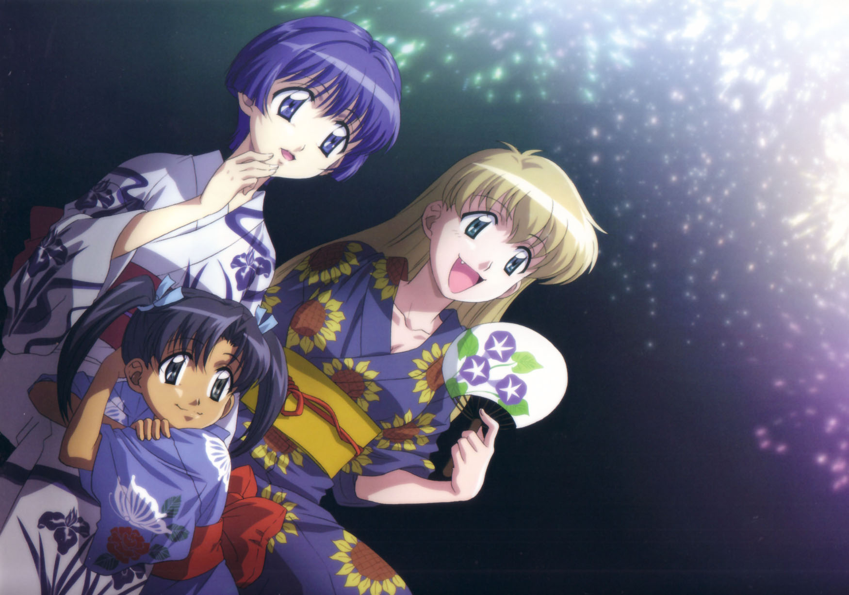 nakayama yumi, minazuki chika, sakuraba aoi, tina foster, ai yori aoshi, highres, official art, 3girls, :d, aerial fireworks, aqua eyes, black hair, blonde hair, blue eyes, blue hair, crossed arms, dutch angle, fang, fireworks, floral print, hand fan, japanese clothes, kimono, long hair, multiple girls, night, night sky, obi, open mouth, paper fan, sash, short hair, sky, smile, twintails, uchiwa, yukata