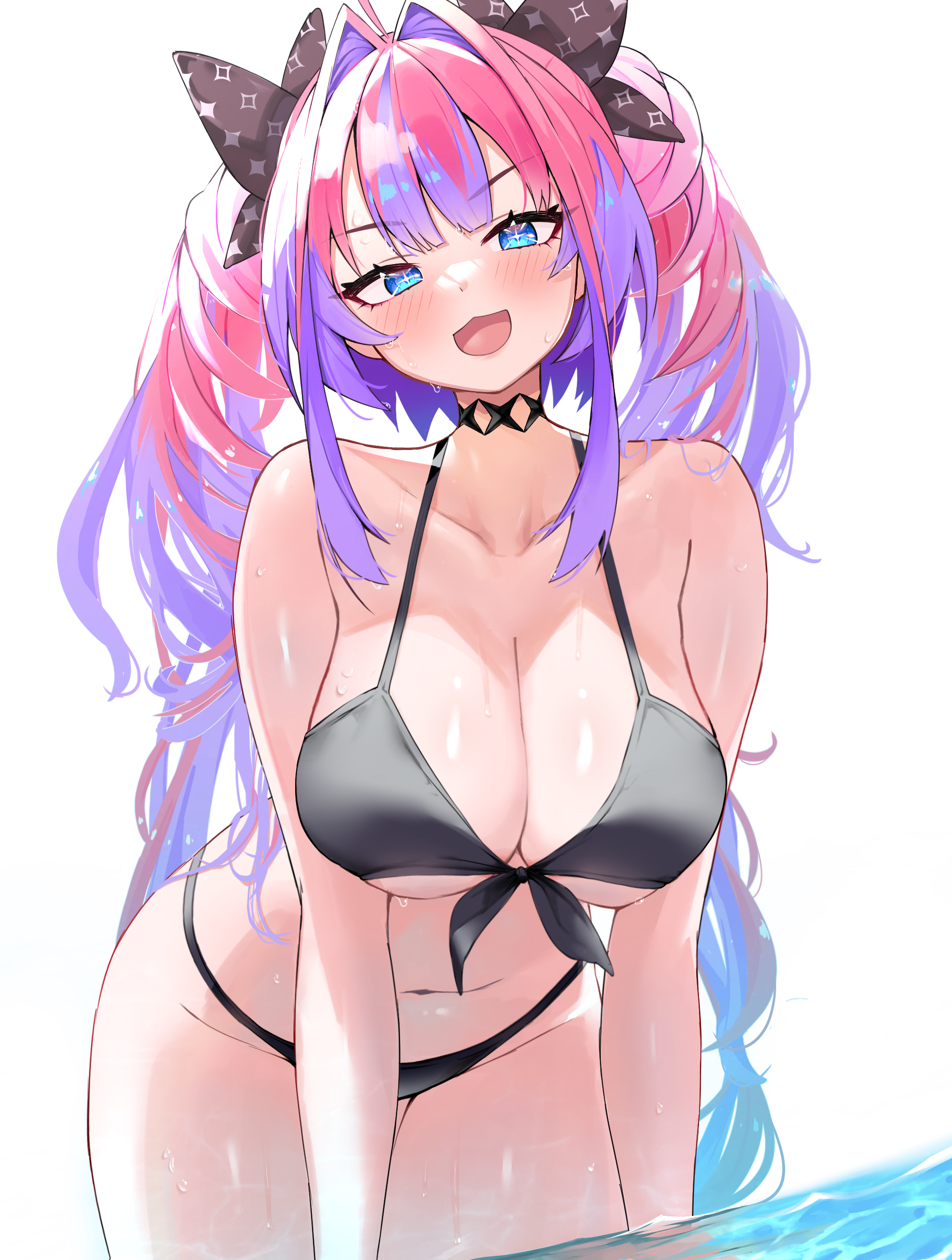 tnolize, kikirara vivi, hololive, hololive dev is, absurdres, highres, 1girl, :d, ahoge, alternate breast size (larger), bikini, black bikini, black choker, blush, breasts, choker, cleavage, cloud, collarbone, curvy, hair intakes, hair ribbon, large breasts, leaning forward, long hair, looking at viewer, multicolored hair, navel, open mouth, pink hair, purple hair, ribbon, simple background, sky, smile, solo, stomach, swimsuit, symbol-shaped pupils, thighs, twintails, two-tone hair, very long hair, virtual youtuber, wading, water, wet, white background