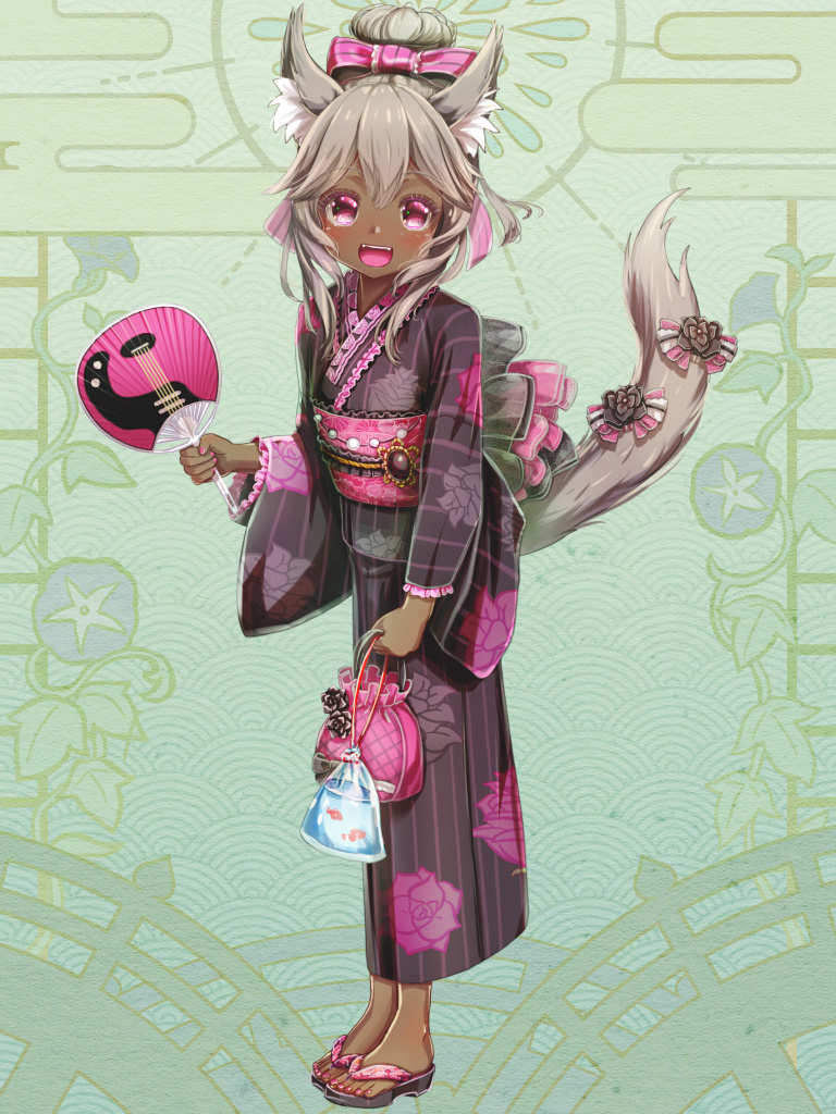 aiuabo, dairoku ryouhei, 1girl, :d, animal ears, bag, bagged fish, black kimono, bow, dark-skinned female, dark skin, fish, floral print, floral print kimono, green background, grey hair, hair bow, hair up, hand fan, holding, holding fan, japanese clothes, kimono, kinchaku, obi, open mouth, pink eyes, pink nails, pouch, print kimono, sandals, sash, smile, standing, tail, tail bow, tail ornament, wide sleeves
