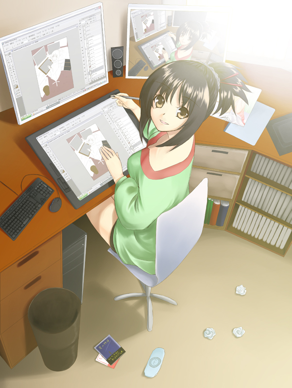 unowen, wacom, third-party edit, 1girl, black hair, computer, computer keyboard, computer mouse, drawing (action), drawing tablet, female focus, from above, handheld game console, indoors, keyboard, looking up, playstation portable, ponytail, recursion, short ponytail, solo, speaker, yellow eyes