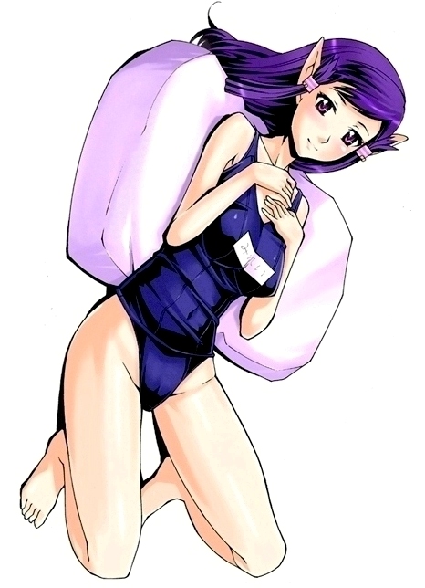 hidebou, mirei mikuna, phantasy star, phantasy star universe, sega, 1girl, bare legs, bare shoulders, barefoot, cameltoe, female focus, full body, hair tubes, hands on own chest, legs, light smile, long hair, looking at viewer, lying, on back, one-piece swimsuit, pillow, pointy ears, purple eyes, purple hair, school swimsuit, school uniform, serafuku, simple background, solo, swimsuit, white background, yellow eyes