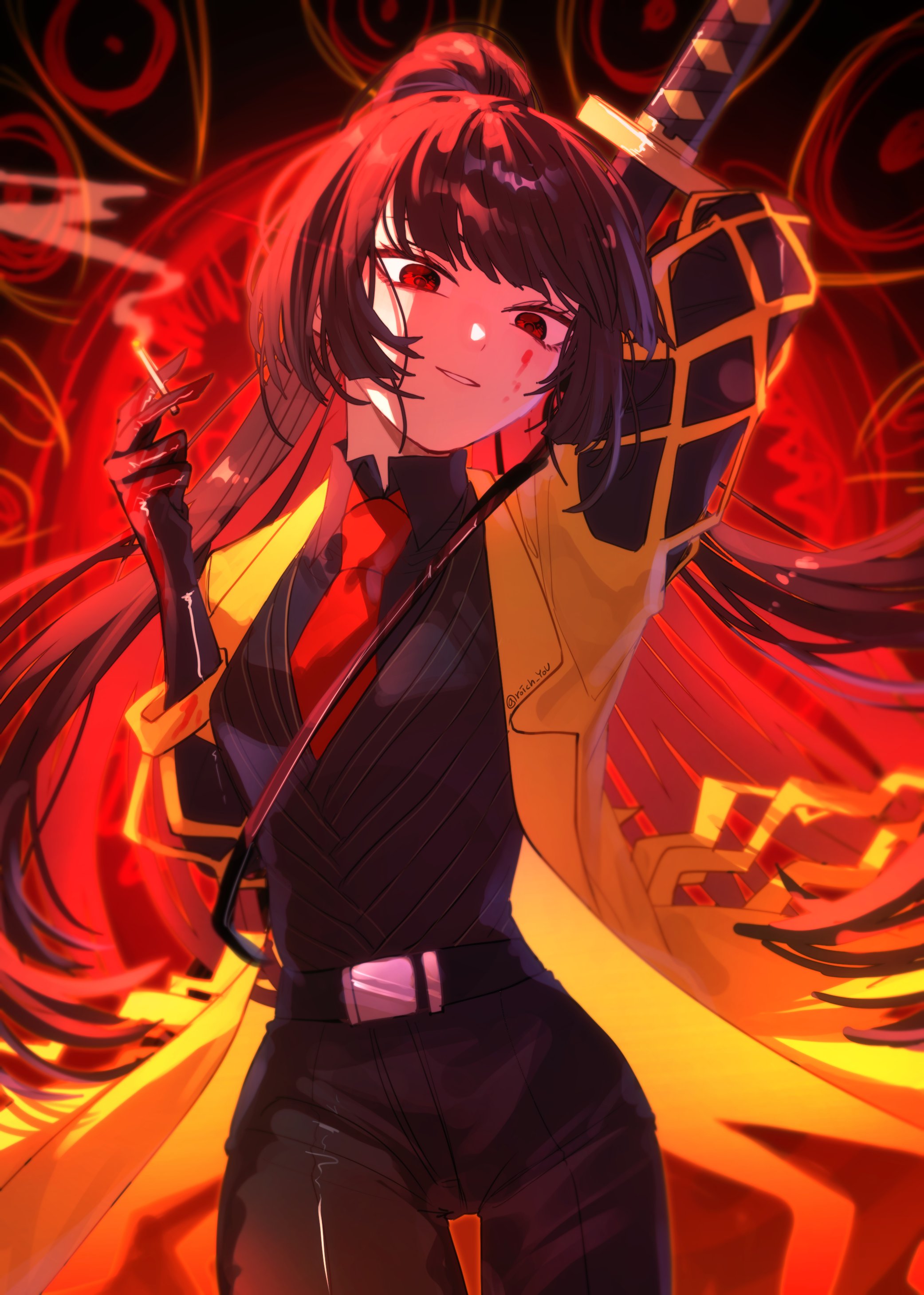 pmchell 04, ryoshu (project moon), limbus company, project moon, absurdres, highres, 1girl, belt, black hair, black pants, black shirt, black vest, blood, blood on face, blunt bangs, cigarette, coat, collared shirt, contempt awe (e.g.o), e.g.o (project moon), high ponytail, holding, holding cigarette, long hair, n corp. e.g.o (identity) (project moon), necktie, ootachi, pants, ponytail, red eyes, red necktie, sheath, sheathed, shirt, smoking, solo, twitter username, vest, yellow coat