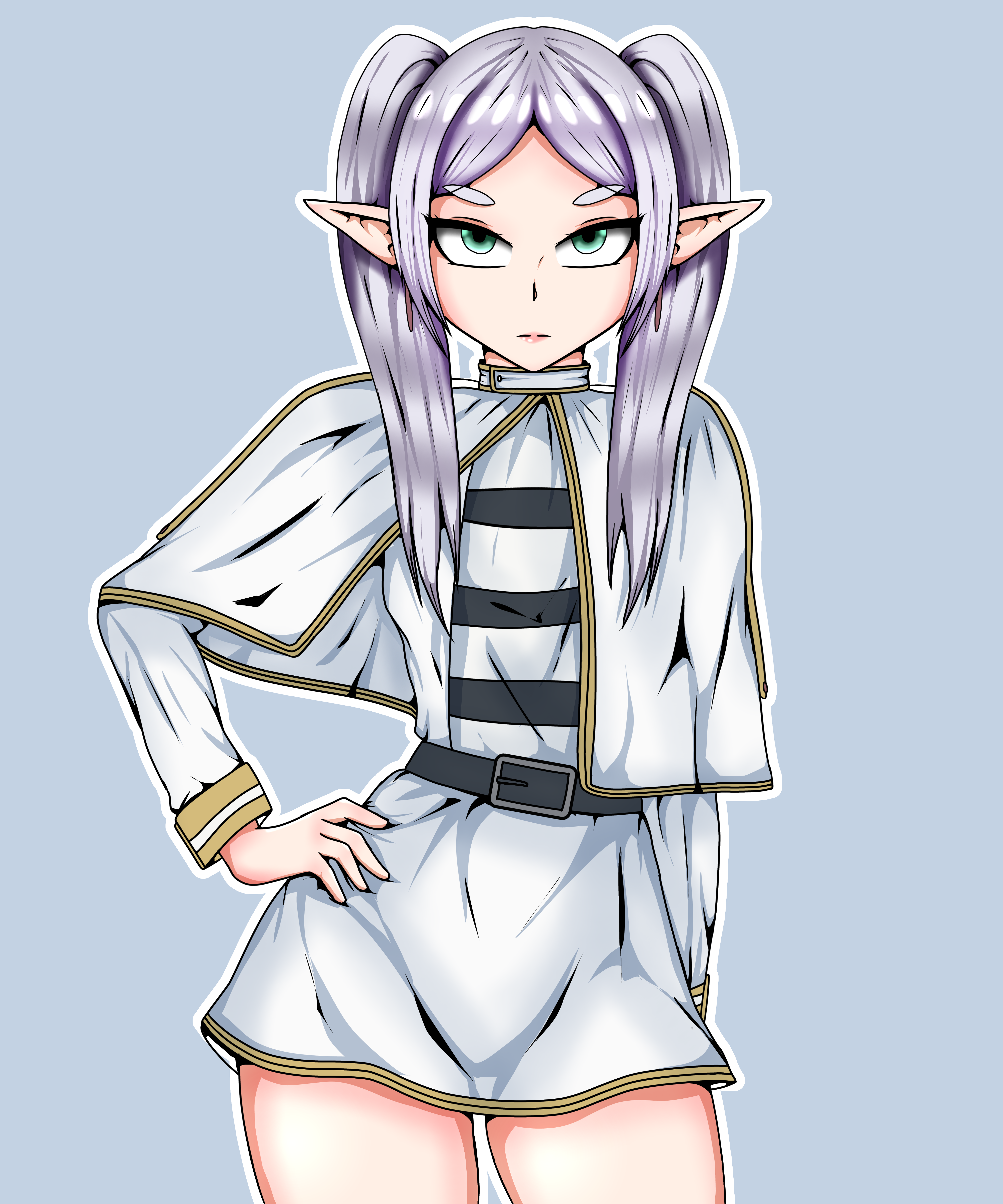 ghostpoisonart, frieren, dungeon meshi, sousou no frieren, absurdres, highres, non-web source, 1girl, alternate costume, capelet, cowboy shot, dress, earrings, elf, green eyes, hand on own hip, jewelry, looking at viewer, outline, pointy ears, shirt, solo, striped clothes, striped shirt, twintails, white capelet, white dress, white outline