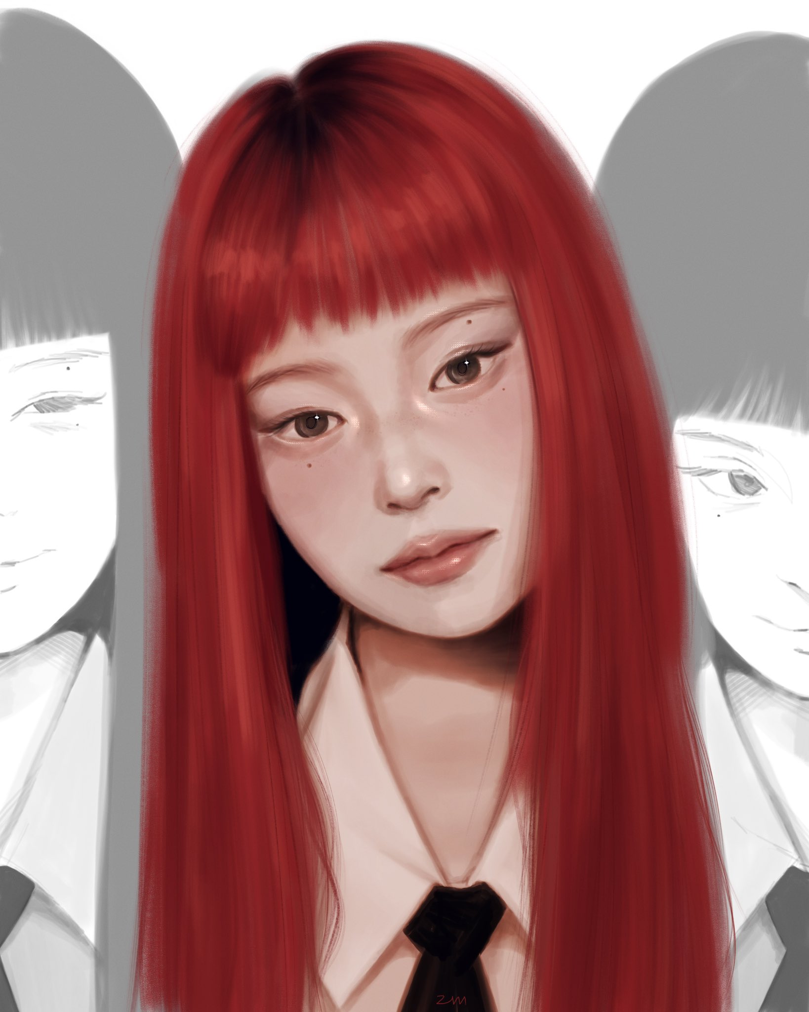 jennie (blackpink), blackpink, real life, commentary, highres, 1girl, black necktie, blunt bangs, closed mouth, long hair, mole, multiple views, necktie, pink lips, portrait, realistic, red hair, shirt, smile, white shirt, zammanyoung