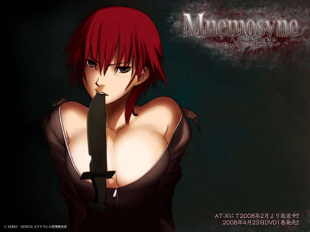 laura (mnemosyne), mnemosyne, official art, 00s, breasts, cleavage, huge breasts, knife, red eyes, red hair, solo