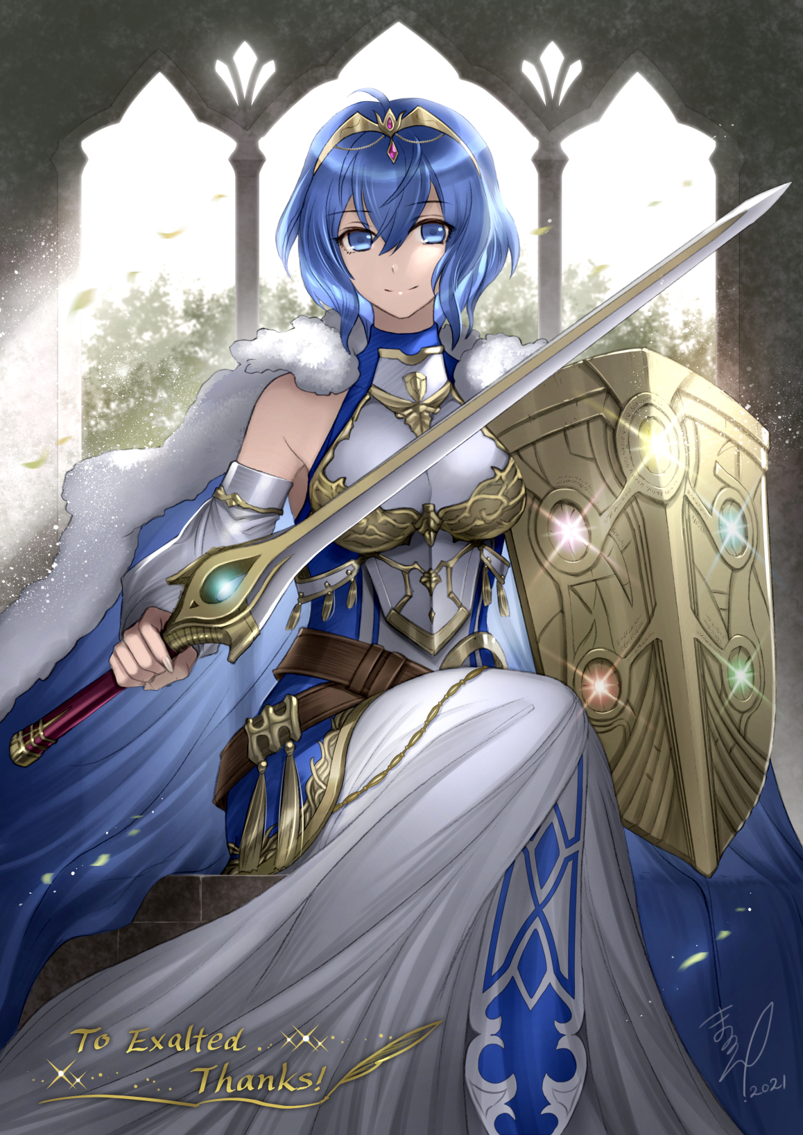 kyo=hibiki, female morgan (fire emblem), lucina (fire emblem), lucina (hope-ruling queen) (fire emblem), fire emblem, fire emblem awakening, fire emblem cipher, nintendo, commentary request, commission, highres, mixed-language commentary, partial commentary, skeb commission, 1girl, alternate costume, armor, armored dress, binding shield, blue cape, blue eyes, blue hair, boobplate, breastplate, breasts, cape, closed mouth, commissioner name, cosplay, detached sleeves, dress, falchion (fire emblem), falling leaves, feet out of frame, fur-trimmed cape, fur trim, hair between eyes, holding, holding shield, holding sword, holding weapon, large breasts, leaf, looking at viewer, lucina (fire emblem) (cosplay), medium breasts, shield, short hair, signature, sitting, smile, solo, sunlight, sword, tiara, weapon