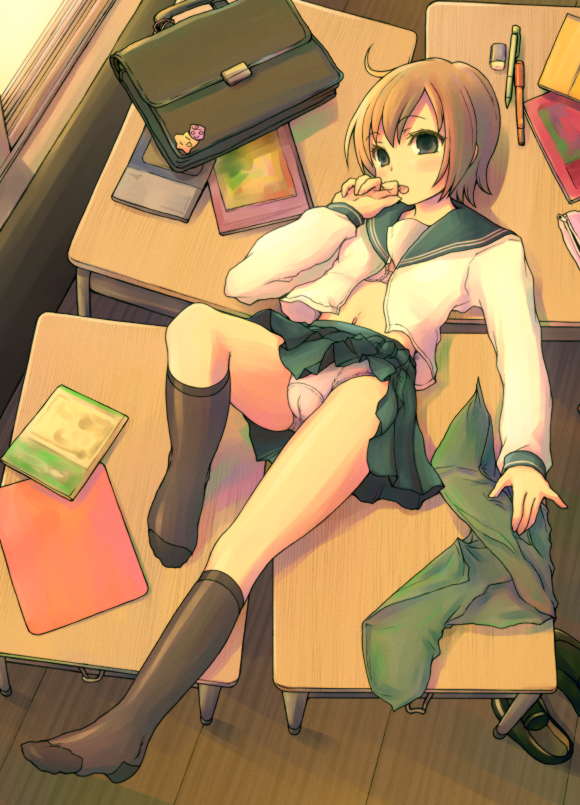 kimarin, original, 1girl, cameltoe, classroom, clothes lift, desk, female focus, lying, open clothes, open shirt, panties, school, school desk, school uniform, serafuku, shirt, skirt, skirt lift, socks, solo, underwear