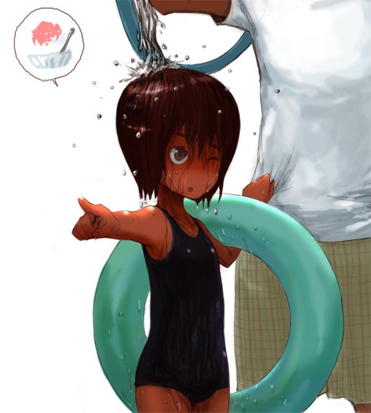 oomori harusame, bad id, bad pixiv id, 1boy, 1girl, black one-piece swimsuit, brown hair, dark skin, foreshortening, innertube, one-piece swimsuit, pointing, school swimsuit, short hair, swim ring, swimsuit, tan, wet