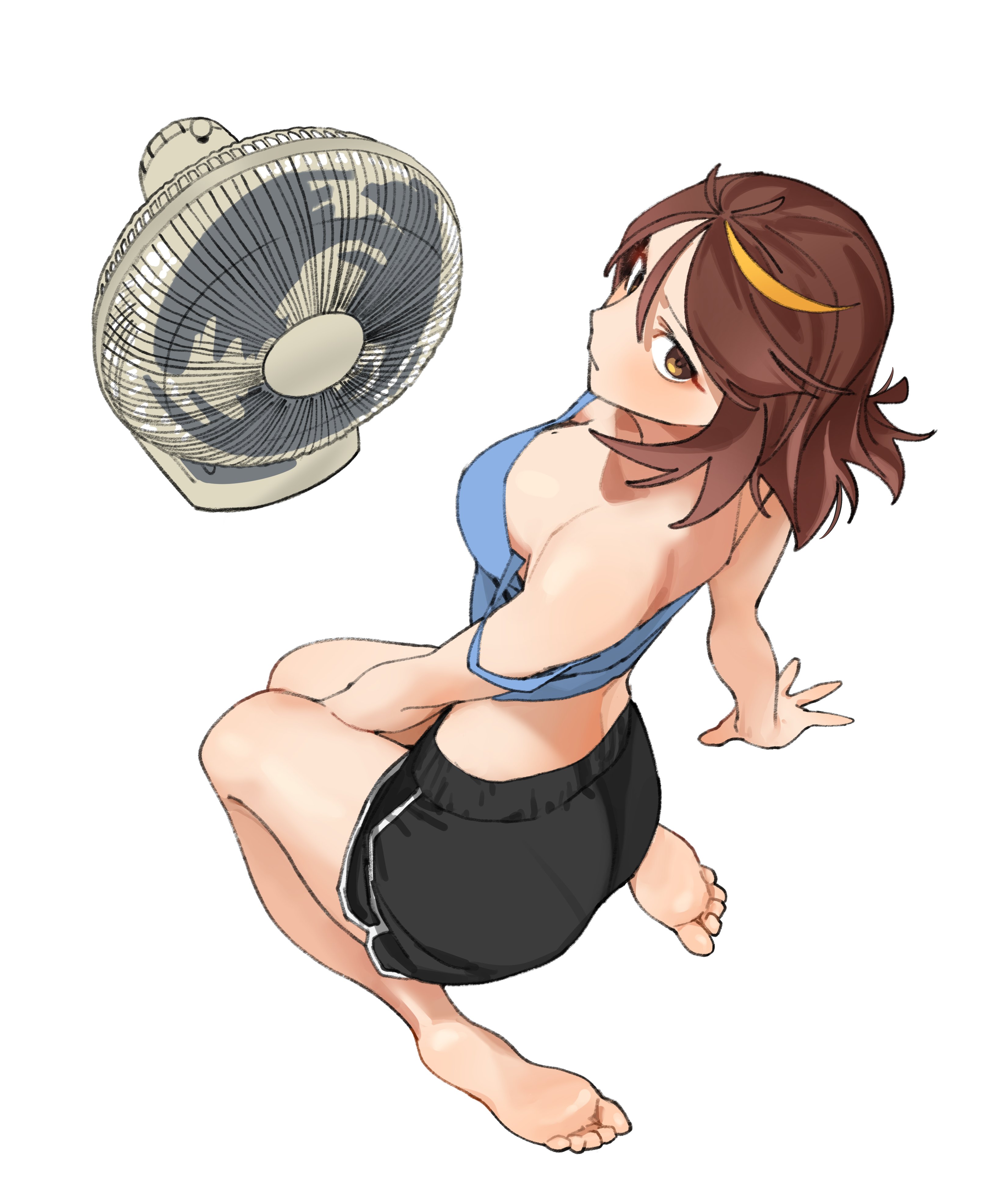 lewdrawings, original, absurdres, highres, 1girl, ass, barefoot, breasts, cleavage, electric fan, from above, large breasts, looking up, medium hair, midriff, multicolored hair, shorts, simple background, single off shoulder, sitting, solo, streaked hair, wariza, white background