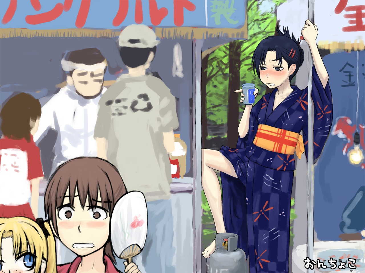 machida yuu, bad id, bad pixiv id, blush, drunk, festival, hair bun, hair ornament, hairclip, hairpin, hand fan, japanese clothes, kimono, paper fan, shop, single hair bun, uchiwa, yukata